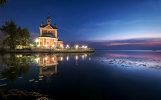 Lake night building clock tower - mystical free wallpaper