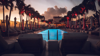 Pool lounge palm sunset hotel - drew tucker free wallpaper