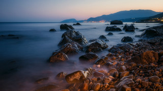 Rocky beach mountain dusk water - dusk free wallpaper