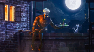 Robot sitting on ledge food - a robot free wallpaper