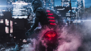 Futuristic man motorcycle city night - cyberpunk free wallpaper