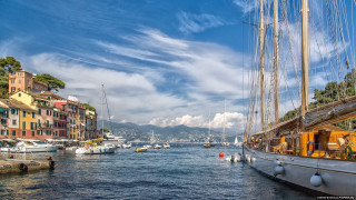 Harbor boats buildings blue sky - the shore free wallpaper