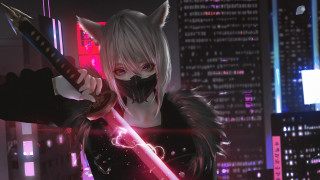 Cyberpunk fox girl neon city - building free wallpaper for desktop