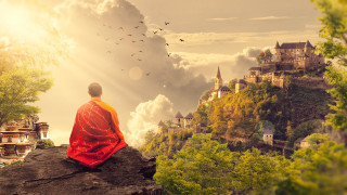Castle birds sunset kimono mountains - fang congyi free wallpaper
