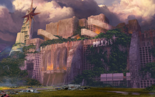 City star ruins pagoda sunset - matte painting concept art free wallpaper