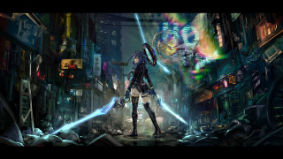 Futuristic city woman sword neon - a cityscape in the background free wallpaper