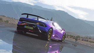 Purple sports car mountains trees - cinematic focus free wallpaper