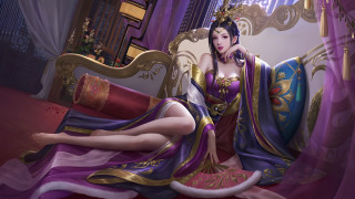 Woman purple gold dress bed - blanket free wallpaper