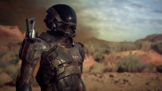 Futuristic suit man desert mountains - a cloudy sky in the background free wallpaper