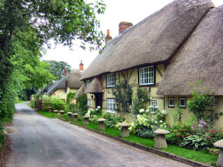 Thatched house garden street flower - road free wallpaper