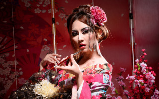 Kimono flower umbrella cherry blossoms - a woman in a kimono holding free wallpaper