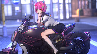 Girl motorcycle city night pink - a pink hair free wallpaper