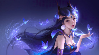 Woman blue dress butterfly purple 2 - butterfly free wallpaper