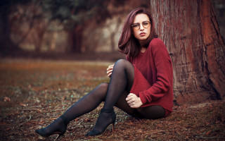 Woman red sweater black stockings 2 - a red sweater free wallpaper