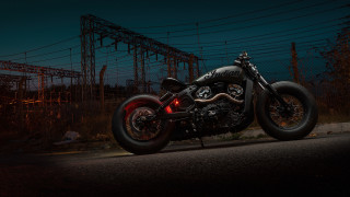 Motorcycle night road powerlines building - the background and a building in the background free wallpaper