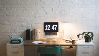 Desk computer typewriter brick wall - art station free wallpaper