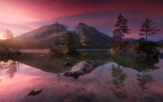 Mountain lake trees sunset pink 2 - caspar wolf free wallpaper