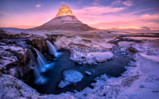 Mountain waterfall pink sky dusk - a pink sky above free wallpaper