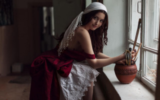 Woman weddingdress vase window broom - a vase free wallpaper