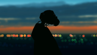 Silhouette headset cityscape night bokeh - solarpunk free wallpaper