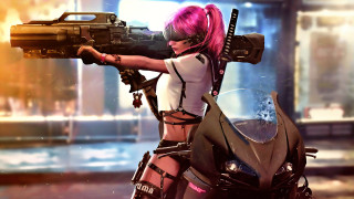 Pink hair woman motorcycle cyberpunk - cyberpunk art free wallpaper
