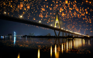 Bridge lanterns cityscape night fireflies - firefly free wallpaper