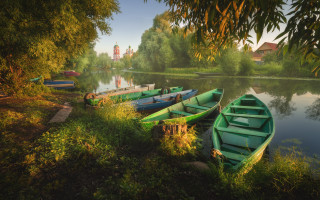 Green boats river forest grass - top of a river next free wallpaper