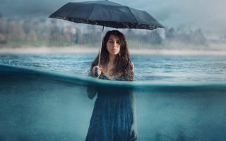 Woman umbrella water surreal beach - elsa bleda free wallpaper
