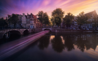 Sunset river bridge cityscape pink - a bridge and buildings free wallpaper