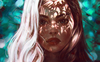 White haired freckled woman fantasy - a green background free wallpaper
