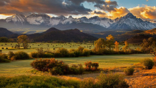 Mountain range field cityscape sunset - beautiful landscape free wallpaper for desktop