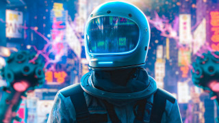 Space suit man neon cityscape - cyberpunk art free wallpaper