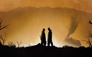Mountain field sunset silhouette boys - two person free wallpaper