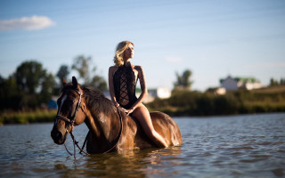 Woman horse water trees clouds - a woman riding free wallpaper
