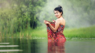 Woman red dress water smiling 2 - impressionist free wallpaper