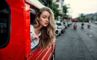 Woman red truck city street - art photography free wallpaper for desktop