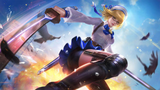 Woman sword flying birds blue - the sky behind her free wallpaper