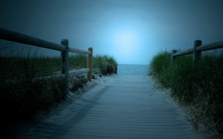 Fence path ocean grass sky - blue sky in the background free wallpaper