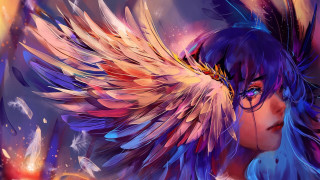 Woman colorful wings head blue - digital painting free wallpaper