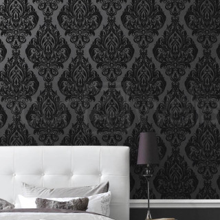 Bed white headboard black wallpaper - a lamp free wallpaper