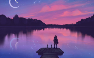 Dusk silhouette starry sky moon - full free wallpaper