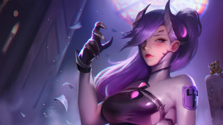 Purple haired woman glowing wings - a purple outfit holding free wallpaper