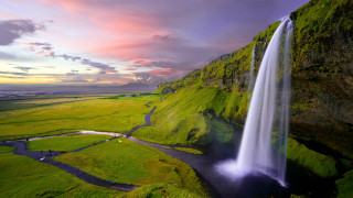 Waterfall green valley river sunset - a sunset free wallpaper