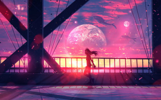 Girl bridge pinksky moon anime - a full moon in the distance free wallpaper