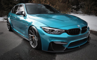 Blue bmw car forest snow - a street next free wallpaper