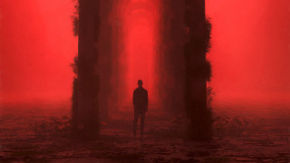 Red forest cyberpunk torii silhouette - tall tree free wallpaper