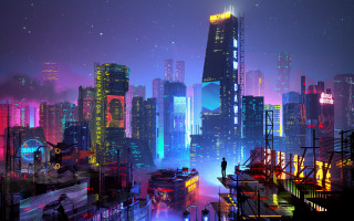 Cyberpunk city night rooftop neon - cyberpunk city free wallpaper