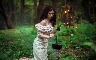 Enchanted forest woman plant skillet - a white dress holding free wallpaper