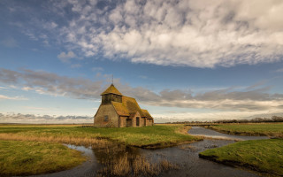 Small church stream cloudy sky - small free wallpaper