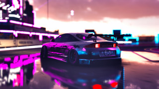 Car neon building city street - synthwave style free wallpaper